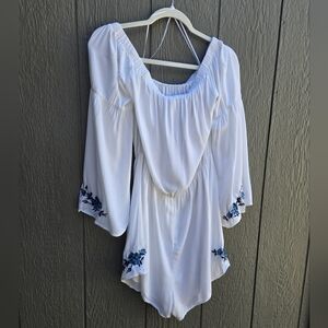 White Romper with Blue Flowers Embroidered on Sleeves and Shorts